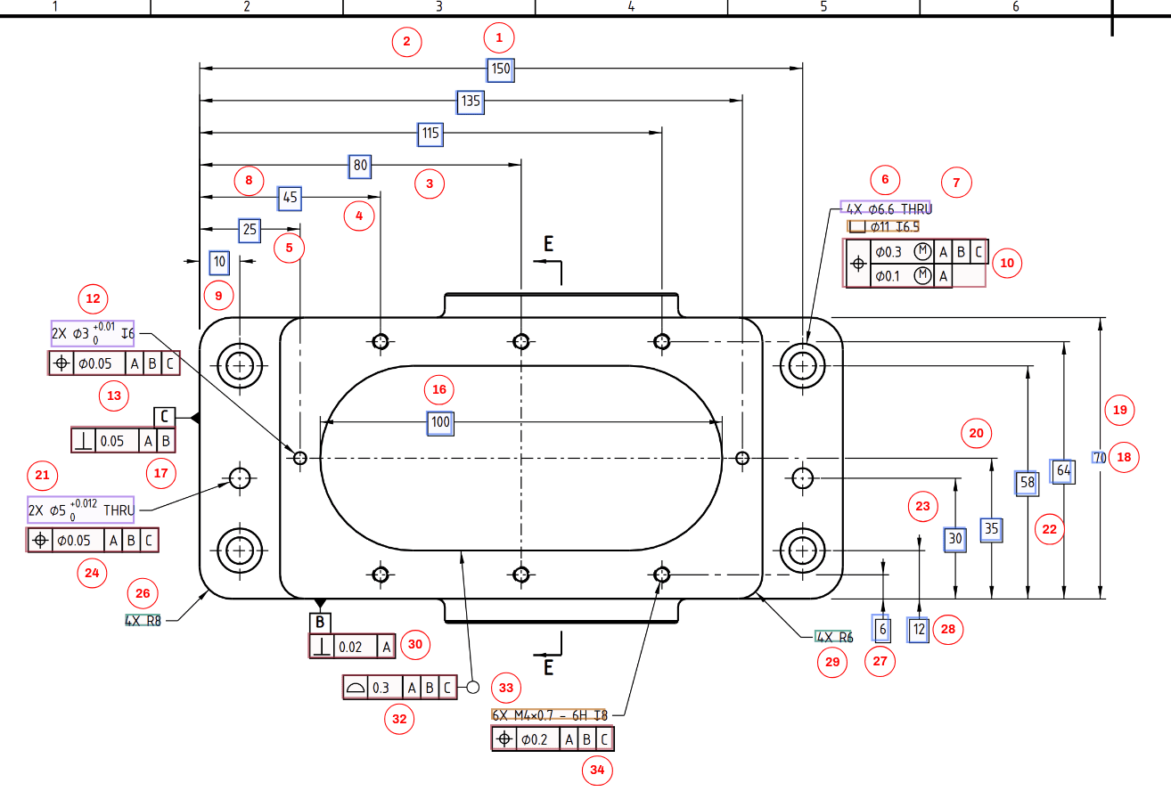 Close-up of the actuator gear housing's plan view with numbered balloons on its dimensions, hole callouts, datums and feature control frames, including the composite true-position frame on the four counterbored holes.