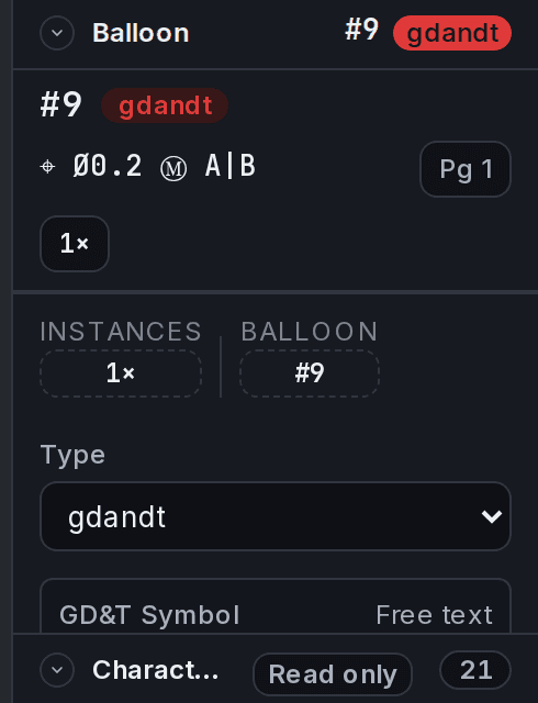 The characteristic detail panel for balloon 9, showing its GD&T type and the true-position feature control frame ready for review.