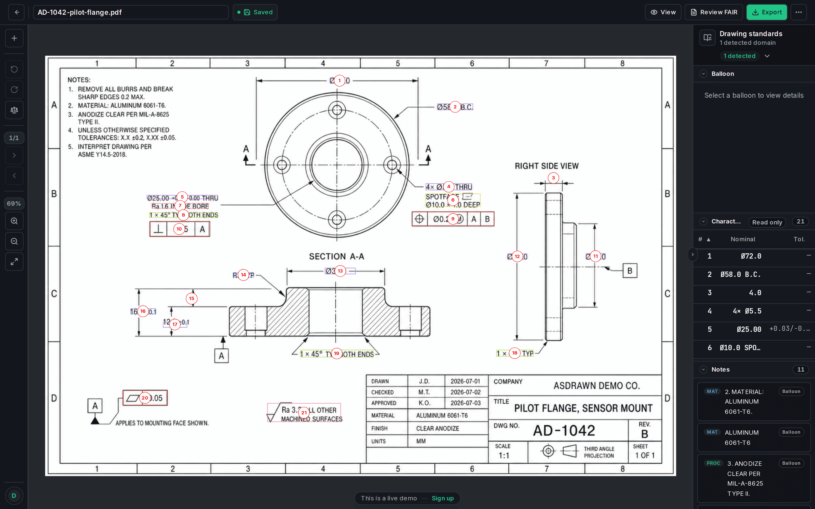 The ASdrawn editor showing a ballooned pilot-flange drawing beside the extracted characteristics list.