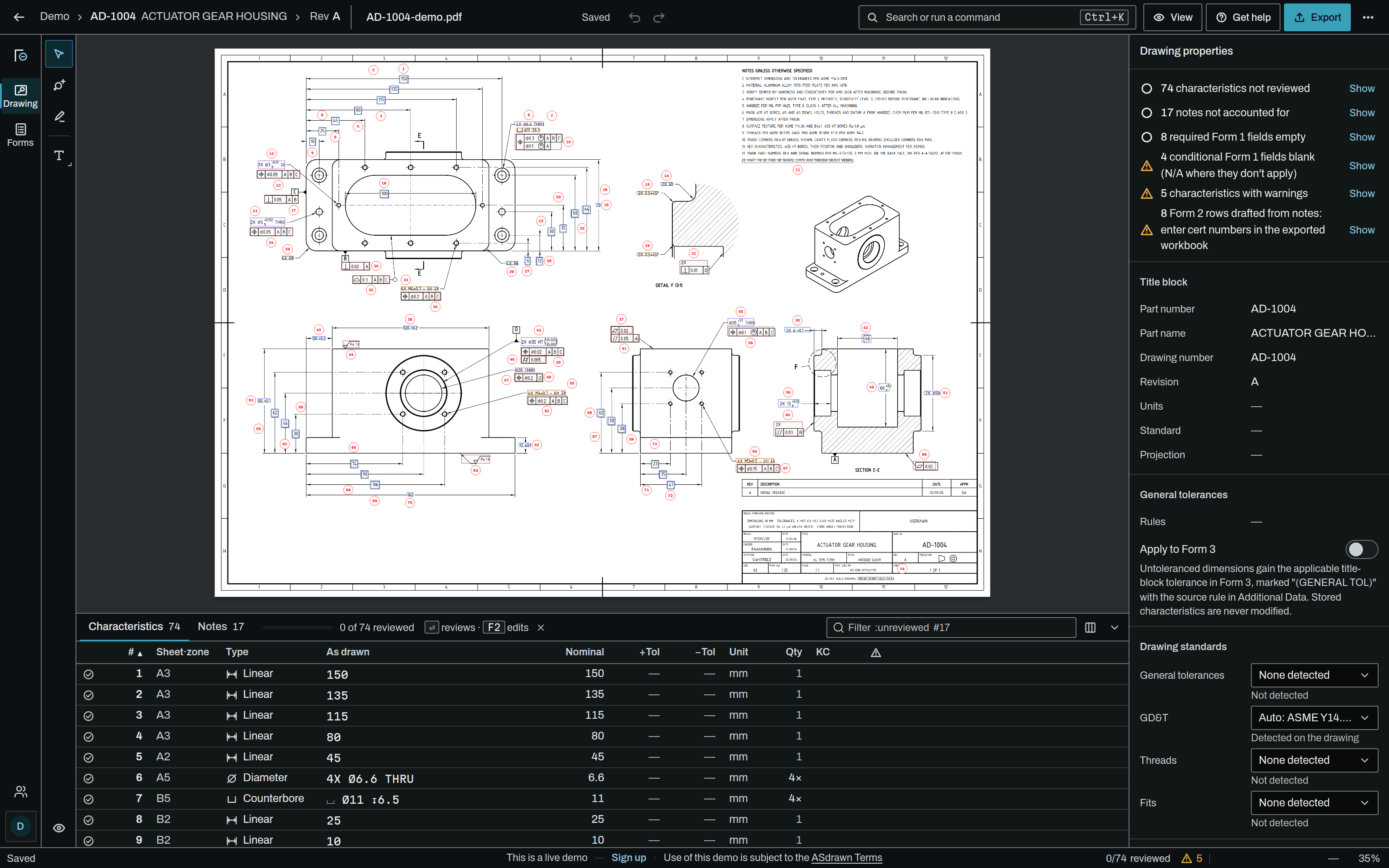 The ASdrawn editor with drawing AD-1004, an actuator gear housing: the ballooned sheet, the extracted characteristics in a table docked under it, and the inspector listing what is still to review.