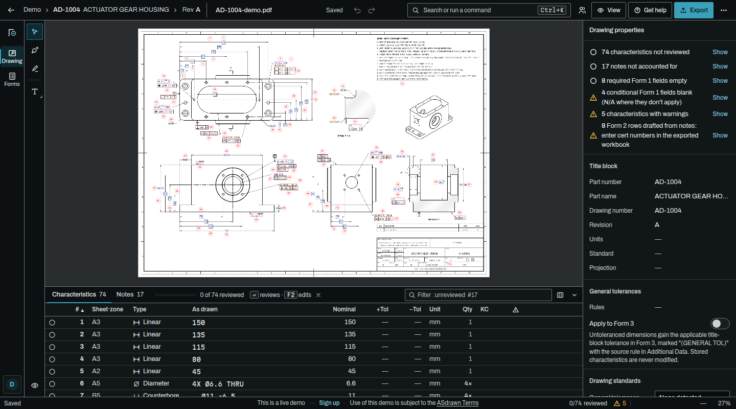 The ASdrawn editor with drawing AD-1004 Rev A open: the ballooned sheet with its detection boxes, the tool rail, the characteristics table docked under the sheet and the inspector